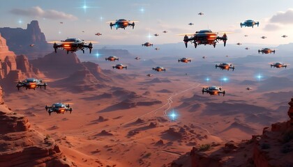 3D swarm of small robotic drones with glowing neon accents flying in formation, digital grid and holographic overlays .