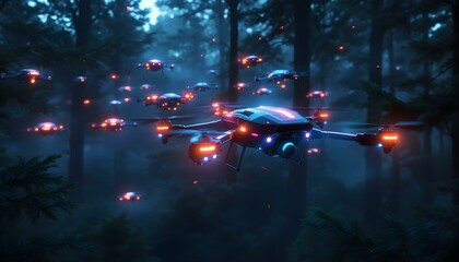 3D swarm of small robotic drones with glowing neon accents flying in formation, digital grid and holographic overlays .