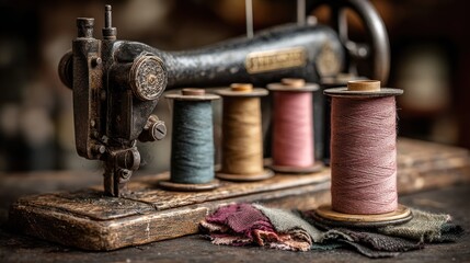 Antique Sewing Machine with Spools of Thread