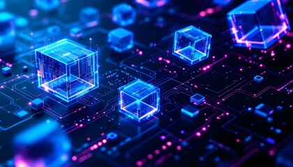 Abstract 3D technology background featuring floating digital cubes and circuits, glowing edges in electric blue and violet, modern and dynamic composition.