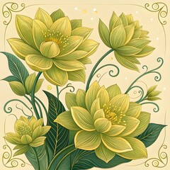 Verdant floral elegance in a decorative frame.Lime green blossoms and swirling foliage create a fresh design.