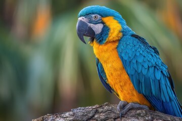 Obraz premium Vibrant Blue and Yellow Parrot Perched on a Branch Surrounded by Green Foliage in a Lush Natural Environment, Capturing the Beauty of Exotic Wildlife in its Habitat
