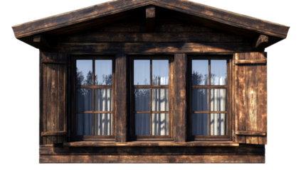 Rustic wooden chalet facade with tri-pane window, shutters, and aged timber