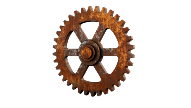 A rusty, weathered cogwheel, showing significant wear and discoloration from age and exposure,  isolated on a black background - Powered by Adobe