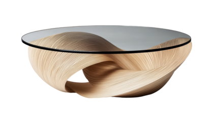 Modern coffee table with a swirling, sculpted light wood base and a clear glass top