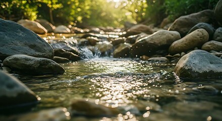 Fototapeta premium Water Flowing Over Rocks – relaxing Natural Stream and River Scene