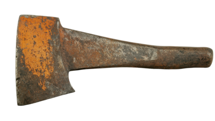 Rusty, aged hand axe with a worn, orange-painted head and a dark, metallic shaft