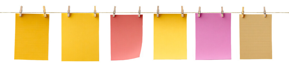 Assorted note papers with colorful pins, neatly arranged and isolated on white background 