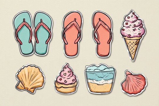 Colorful Beach-Themed Stickers Featuring Flip Flops, Ice Cream, and Shells Evoke Summer Vibes and Fun Coastal Activities