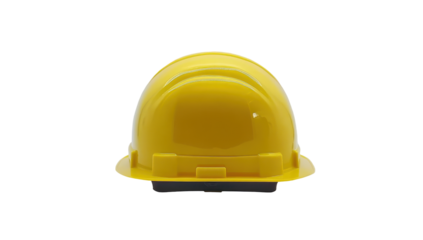 A bright yellow hard hat, viewed from the rear, showcasing its smooth, curved shell and dark brim