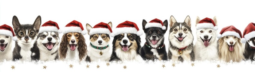 A row of smiling dogs wearing Santa hats, sitting in front of a white snowy background