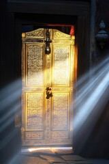Ornate, golden door bathed in sunlight, casting long rays of light on the ground