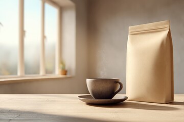 Obraz premium Warm cup of steaming coffee beside a kraft paper bag on a wooden table in a cozy room with natural light streaming through the window
