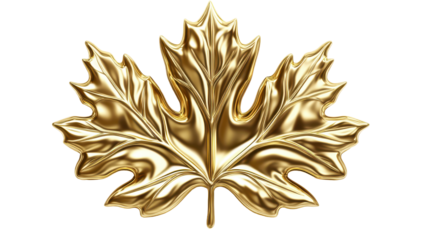 A lustrous golden maple leaf, rendered in a highly polished, three-dimensional style, against a black background