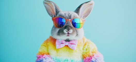 A grey rabbit wearing rainbow-colored sweater and sunglasses looks straight into the camera with a serious expression