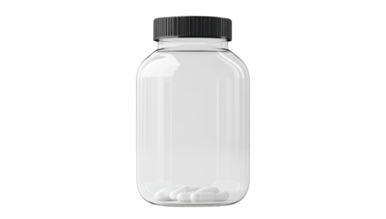 Clear glass jar with black lid, containing several white capsules