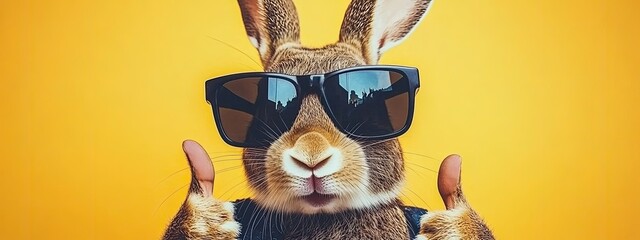 A rabbit wearing sunglasses gives a thumbs up with a bright yellow background
