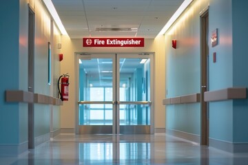 Signage indicating fire extinguisher placement above the hospital entrance in a bright corridor