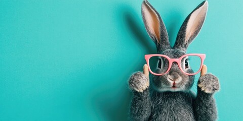 A grey rabbit with pink glasses gives a thumbs up against a turquoise background