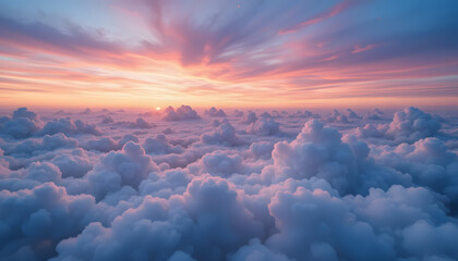 Title: Breathtaking Cloudscape with Vibrant Sunset Colors Above a Dense Layer of Clouds