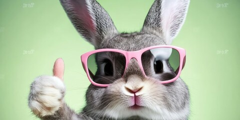 A gray bunny with pink sunglasses gives a thumbs up