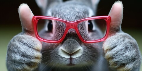 A grey bunny with red glasses gives a thumbs up with both paws