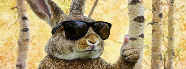 A brown rabbit wearing sunglasses, with one paw raised in a thumbs up gesture, stands in front of a blurred backdrop of birch trees