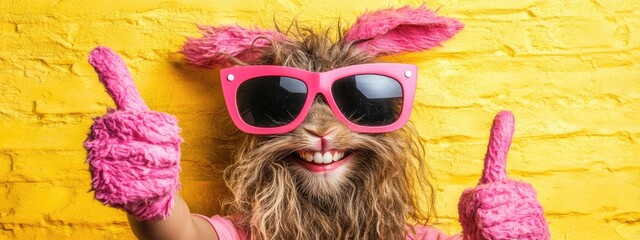 A furry creature with pink bunny ears, sunglasses, and mittens gives a thumbs-up