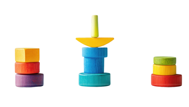 Three colorful wooden stacking toys, each with different colored rings, one featuring a central spire