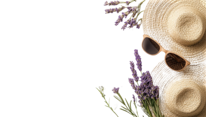 Straw hats, sunglasses, and lavender sprigs arranged on a black background, creating a summery aesthetic