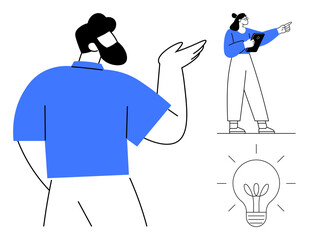 Person explaining concept with raised hand, individual pointing while holding tablet, glowing lightbulb representing innovation. Ideal for teamwork, strategy, leadership, collaboration, learning