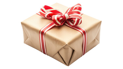 Obraz premium A square gift, wrapped in light brown paper, adorned with a red and white striped ribbon tied in a bow