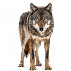 Obraz premium Wild wolf gazing intently against a pure white backdrop enhancing its fierce beauty