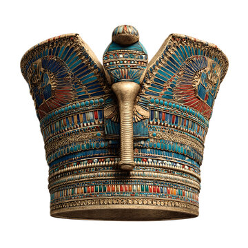 Ornate and intricate ceremonial headdress representing the Pschent the double crown worn by the pharaohs of ancient Egypt a symbol of power authority and the unification of Upper and Lower Egypt
