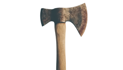 Weathered double-bit axe with a light brown wooden handle against a black background