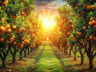Fototapeta premium Sunlit Citrus Orchard: Vibrant Orange Tree Rows Landscape Photography