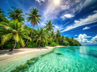Obraz premium Sunny Asian Island Beach: Tropical Paradise, White Sand, Ocean, Palm Trees, Seascape Photography