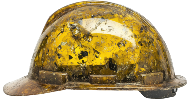 A hard hat, seemingly made of translucent yellow resin, filled with embedded yellow flecks and debris, shows significant wear
