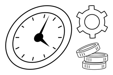 Clock with hands pointing, gear symbolizing process, and coin stack denoting money. Ideal for business strategy, financial planning, productivity, efficiency, workflow, time management simple
