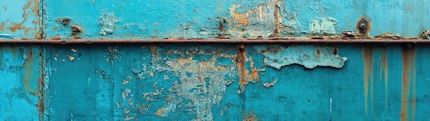 Weathered blue metal surface with peeling paint and rust