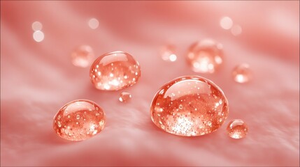 Fototapeta premium Sparkling Water Droplets on Soft Pink Surface Macro Photography