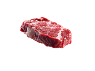 A close up shot of a fresh raw beef steak with visible marbling and texture against a clean white background