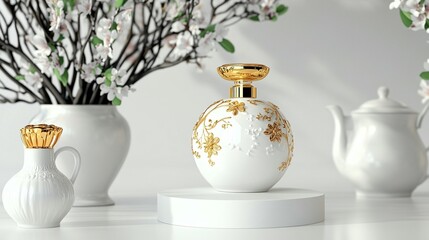 Elegant white perfume bottle with gold accents and flowers