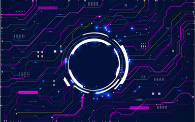 Neon light blue circle portal with electronics elements and wires are on a futuristic technology circuit board. Technology sky-fi background. 