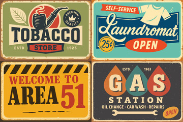 Retro Sign Collection – Vintage Metal Posters for Tobacco, Area 51, Gas Station, and Laundry Room