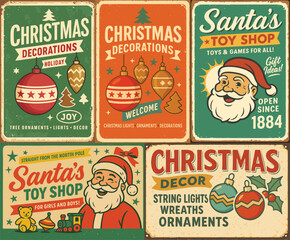 Retro Christmas Poster Collection – Vintage Vector Designs for Concert, Cookies, Decorations, and Santa Toy Store