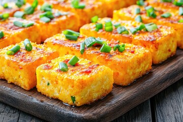 Close-up of golden-brown, crispy, seasoned tofu cubes.