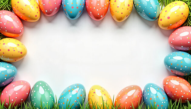 Colorful Easter eggs arranged on green grass background  
