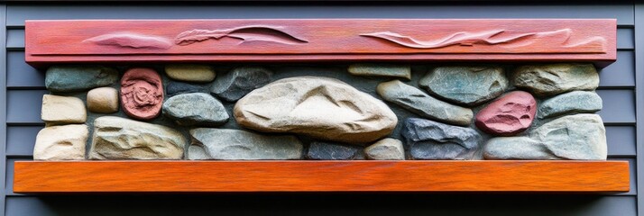 A decorative stone wall with red accents and wood framing