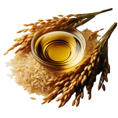 A clear glass bowl containing golden oil is positioned next to a cluster of dried rice stalks on a white background
